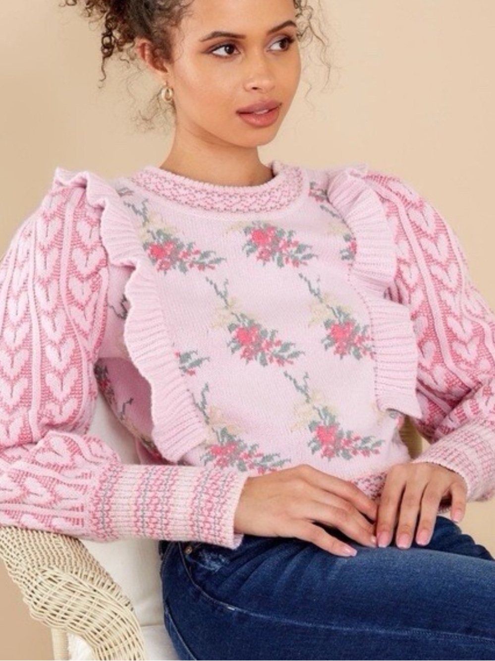 Loveshackfancy Warwick Ruffle Cable-Knit Sweater